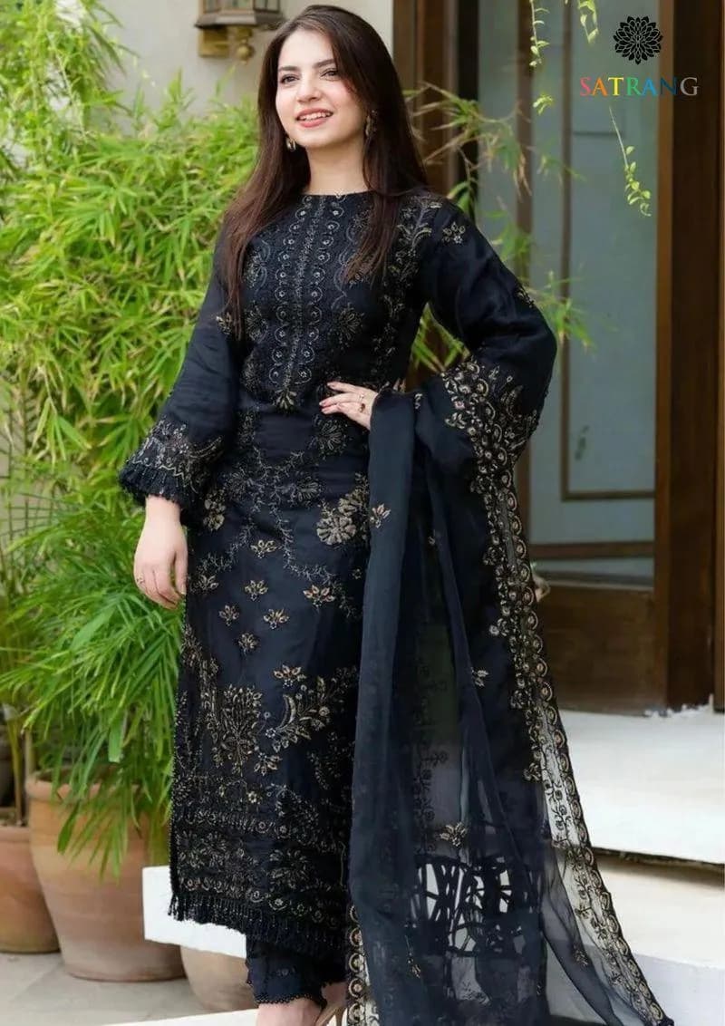 Black Embroidered Lawn Suit 3Pcs Women with Gold Work