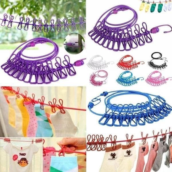 Metal Laundry Clips Adjustable Rope Multicolor 12 Pcs
